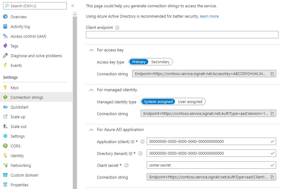 显示 Azure 门户中 Azure SignalR 服务的连接字符串生成器的屏幕截图。