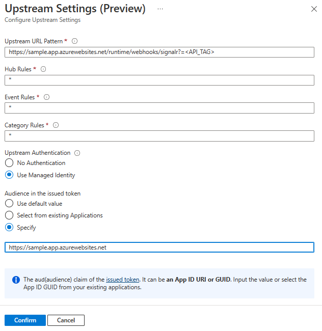 Azure SignalR 服务的上游设置的屏幕截图。