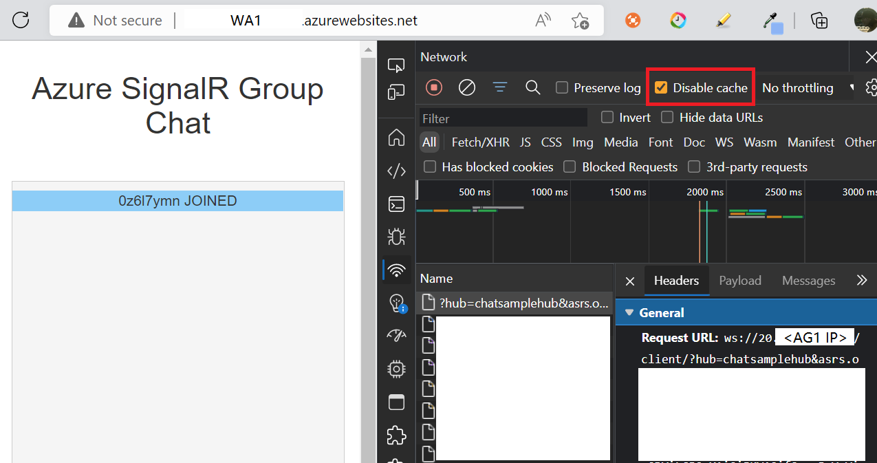 屏幕截图显示如何通过应用网关和 SignalR 服务在 Azure 中运行聊天应用程序。