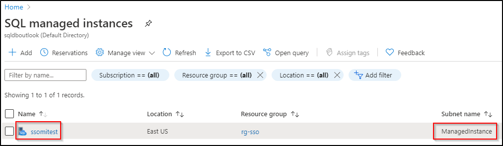 “SQL 托管实例”屏幕的屏幕截图，其中突出显示了 SQL 实例名称“ssomitest”和子网名称“ManagedInstance”。