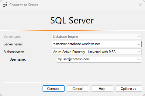 SSMS 中“连接到服务器”对话框设置的屏幕截图，其中填充了所有字段。