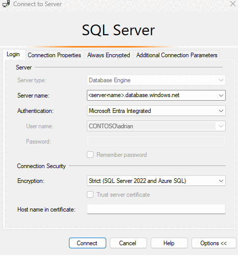 SSMS 的屏幕截图，其中显示了 Microsoft Entra 集成身份验证。