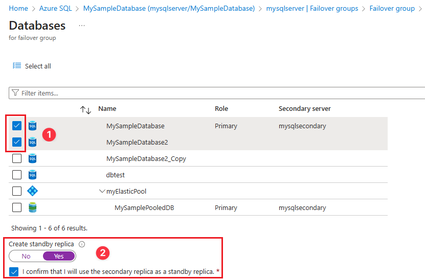 Azure 门户中“故障转移组的数据库”窗格的屏幕截图。