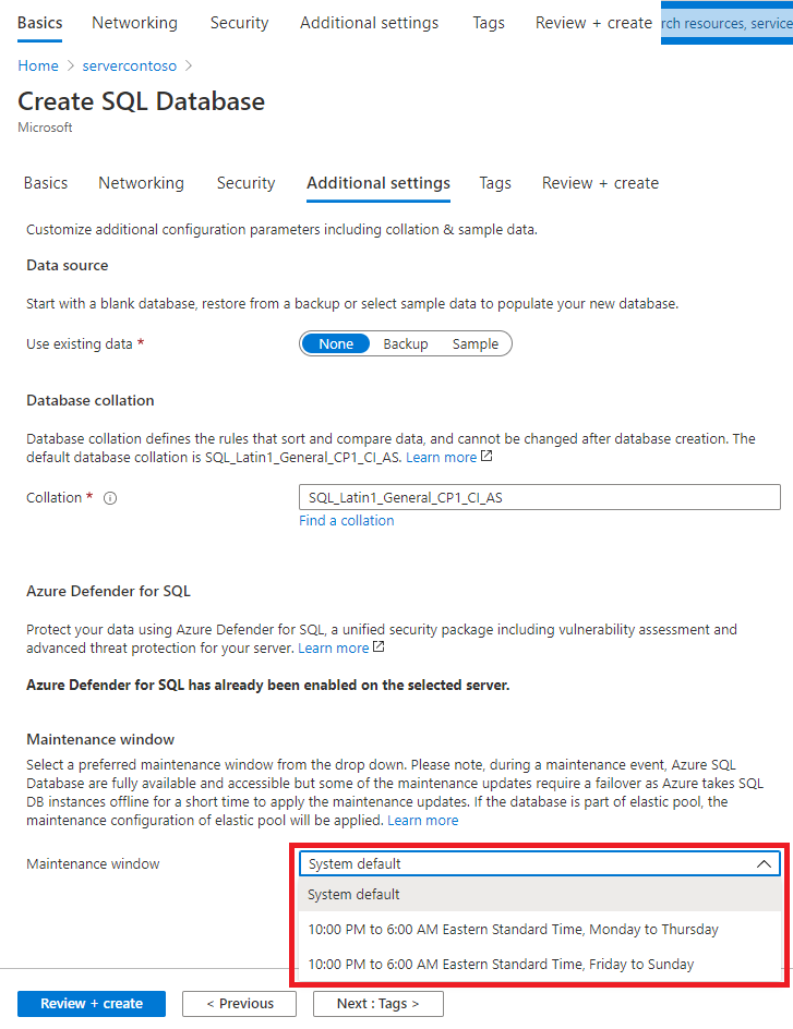 Azure 门户中的屏幕截图，其中显示了“创建 SQL 数据库”向导。“其他设置”选项卡处于打开状态，“维护”窗口下拉列表带红色边框。