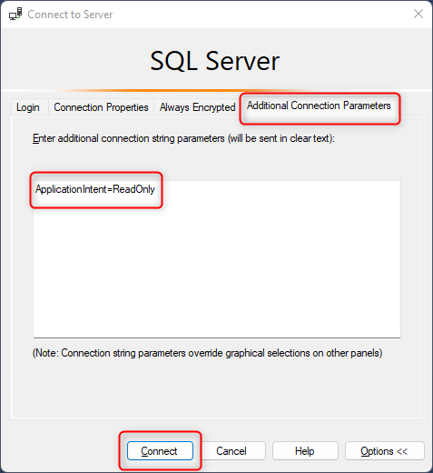 显示 SSMS“其他连接参数”的屏幕截图。