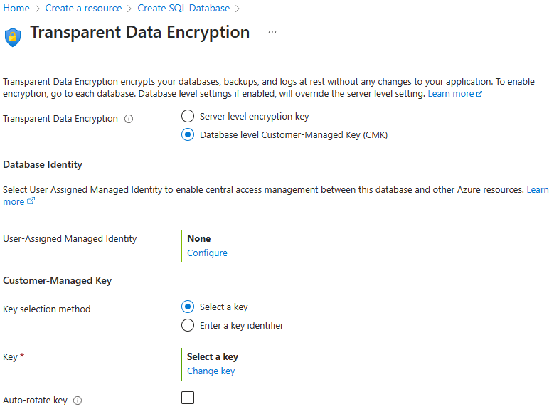 屏幕截图为在 Azure SQL 中为数据库配置 TDE。