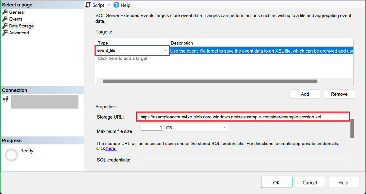 “新建会话 SSMS”对话框的屏幕截图，其中显示了“数据存储选择”页，并在其中选择了 event_file 目标并输入了存储 URL。