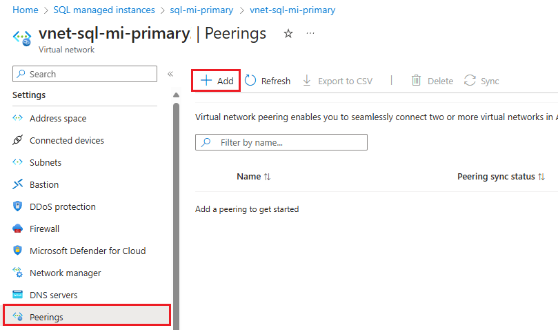 Azure 门户中虚拟网络 A 的对等互连页的屏幕截图。