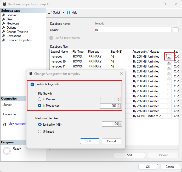 SSMS 中 tempdev 的更改自动增长屏幕截图，其中突出显示了新的数据库文件名。