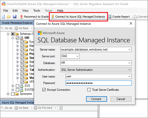 显示“连接到 Azure SQL 托管实例”的屏幕截图。