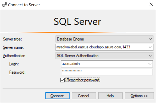 该屏幕截图显示在 Azure VM 上连接至 SQL Server 所需的详细信息。