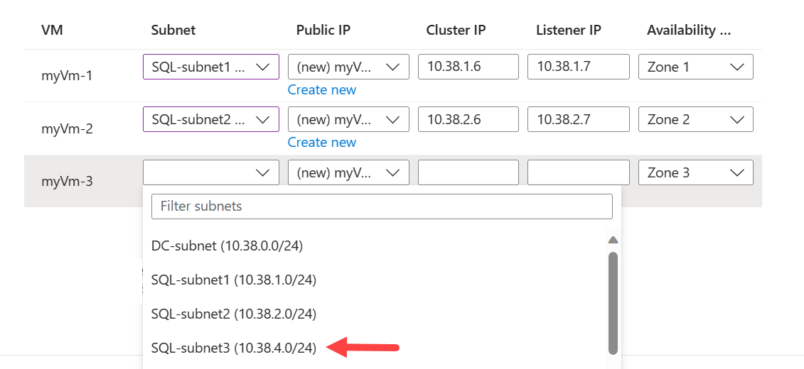 Azure 门户的屏幕截图，其中显示了用于配置子网和 IP 地址的页面。