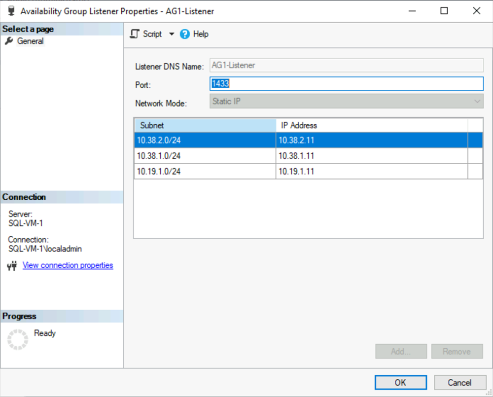 SSMS 中“可用性组侦听程序属性”窗口的屏幕截图，其中显示了用于侦听器的两个 IP 地址。