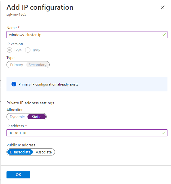 通过输入第一个 SQL Server VM 的子网中的已使用 IP 地址来添加群集 IP