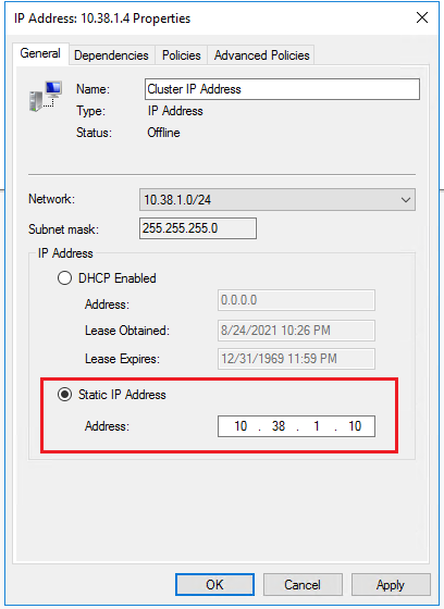 选择“静态 IP 地址”，并将 IP 地址更新为在先决条件一文中分配给第一个 SQL Server VM 的子网中的专用 Windows 群集 IP 地址