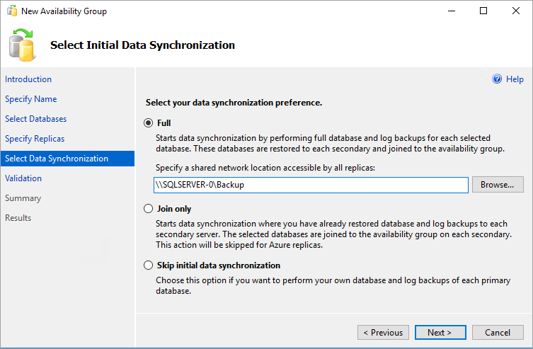 屏幕截图显示 SSMS 中的“新建可用性组向导”中用于数据同步的选项。