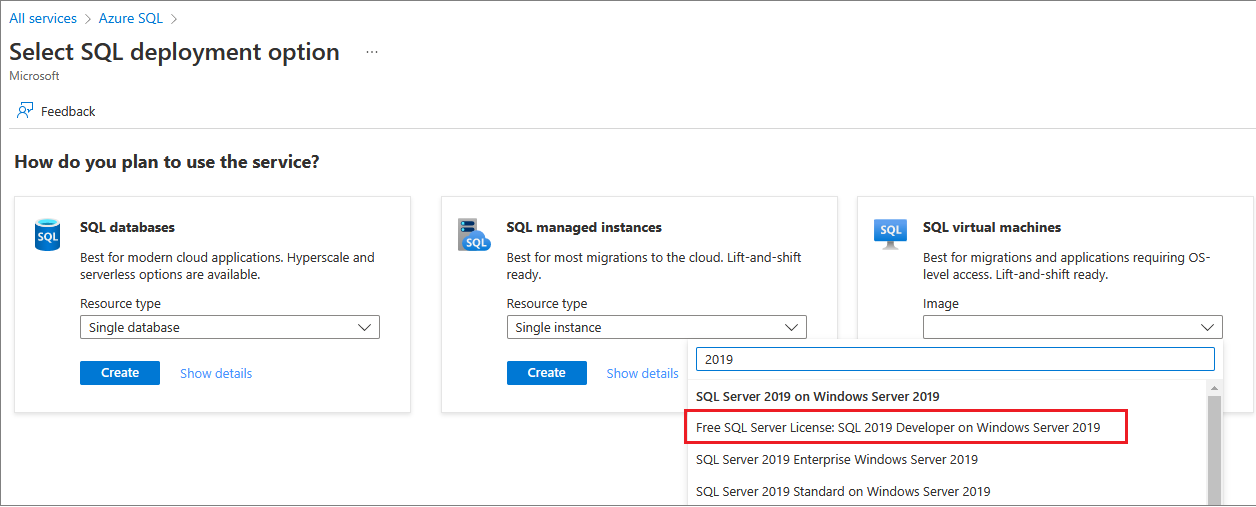 Azure 门户的“选择 SQL VM 映像”部署选项的屏幕截图。