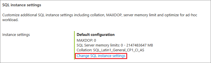 显示可在何处为 SQL VM 实例配置 SQL Server 设置的屏幕截图。