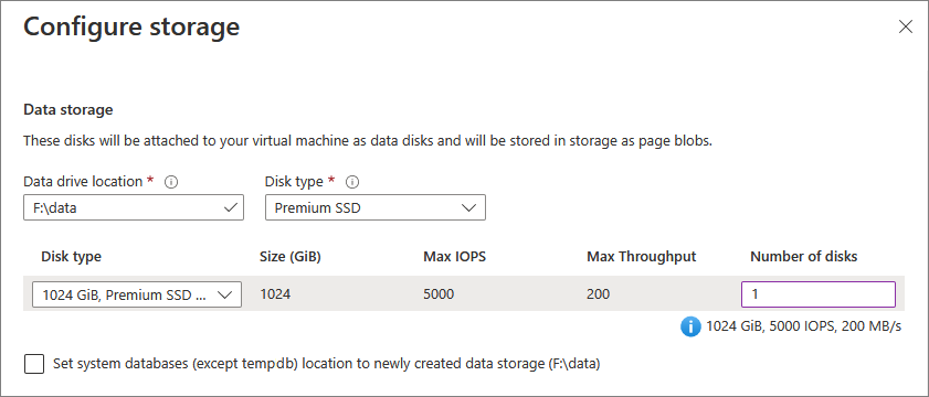 显示可在何处为 SQL VM 配置数据文件存储的屏幕截图。