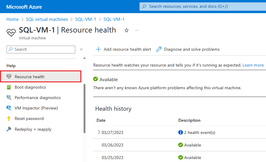 Azure 门户“资源运行状况”页的屏幕截图。