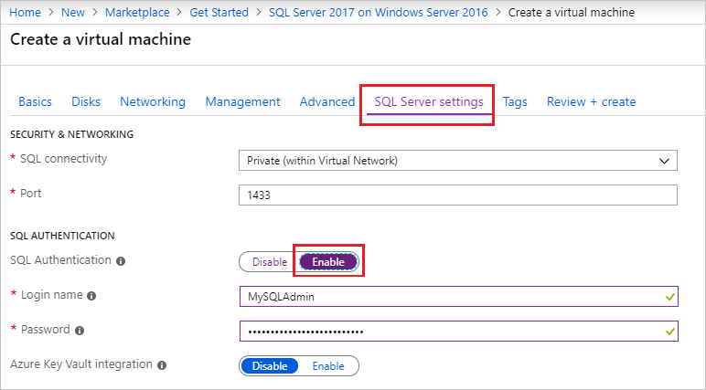 显示预配期间的公共 SQL 连接选项的屏幕截图。