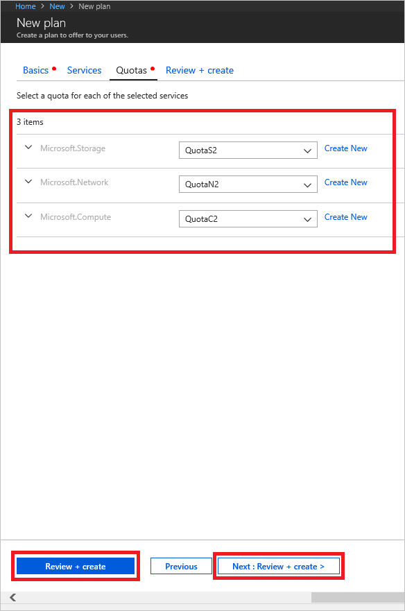 Screenshot that shows how to complete quota assignments for new plan in Azure Stack Hub.