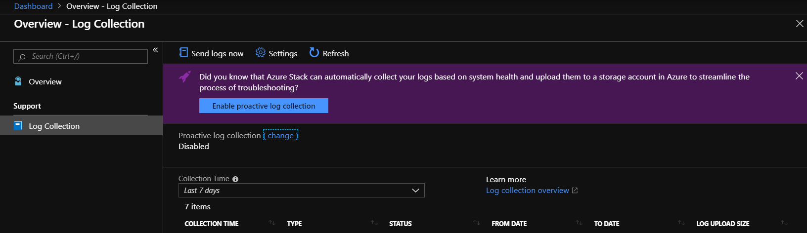 Screenshot that shows how to start collecting diagnostic logs.