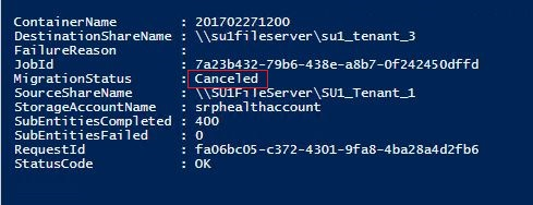 Screenshot that shows an example of a canceled migration status.
