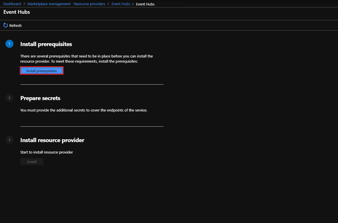Marketplace management event hubs - install prerequisites
