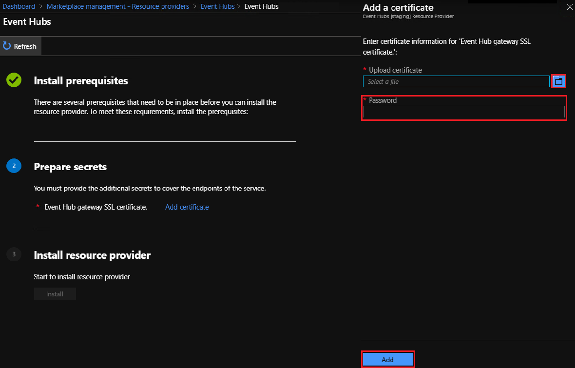 Marketplace management event hubs - add certificate