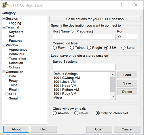 The PuTTY Configuration pane