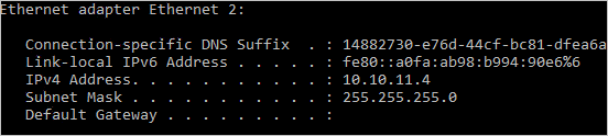 The partial ipconfig listing shows that Ethernet adapter Ethernet 2 has IPv4 address 10.10.11.4.