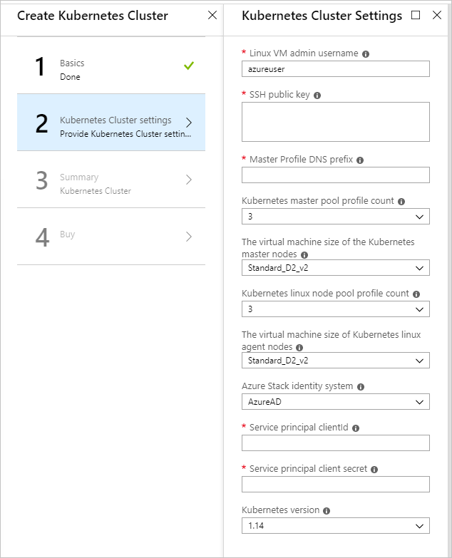 Screenshot that shows where to provide information about your Kubernetes cluster settings.