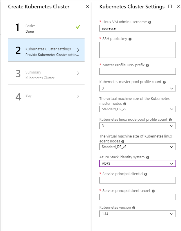 Screenshot that shows the step where you configure the Kubernetes cluster settings.