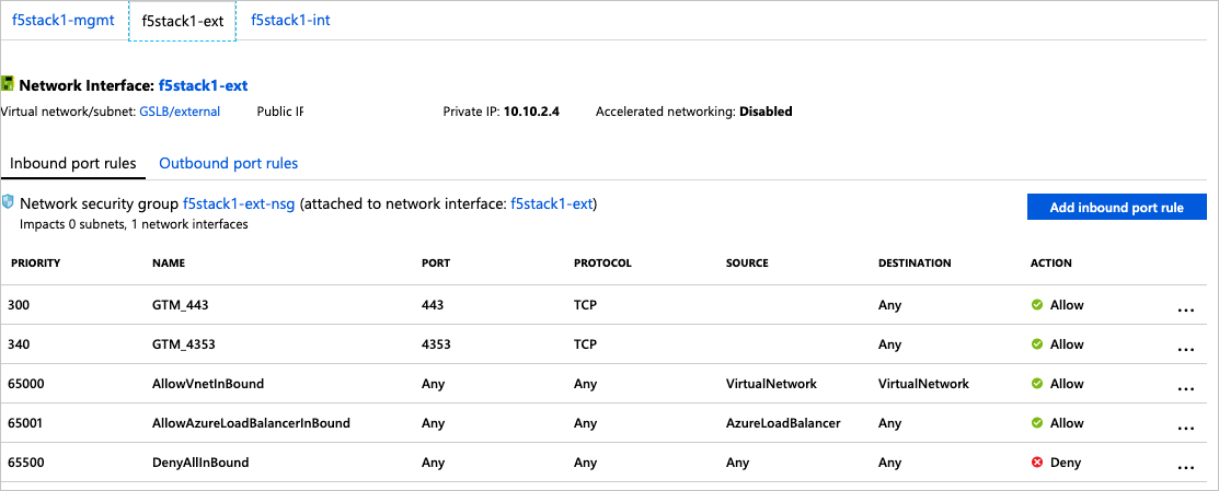 “网络接口”对话框的“fStack1-ext”页显示有关 fstack1-ext 接口及其 NSG、fstack1-ext-nsg 的信息。有选项卡可用于选择查看入站端口规则或出站端口规则。