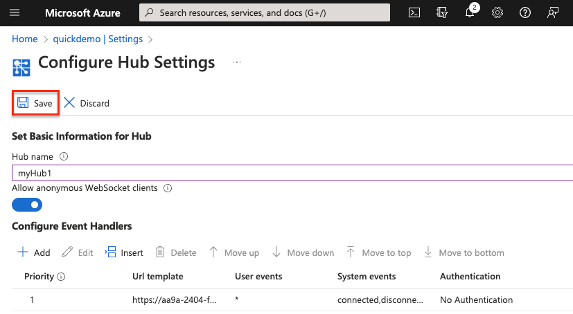 Screenshot of Azure Web PubSub Configure Event Handler - save.