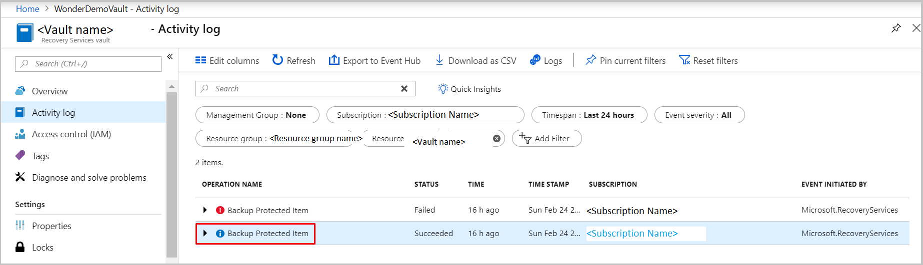 通过筛选找到 Azure VM 备份的活动日志