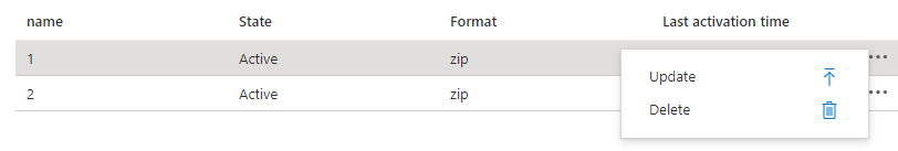 屏幕截图，显示 Azure 门户中应用程序包的更新和删除选项。