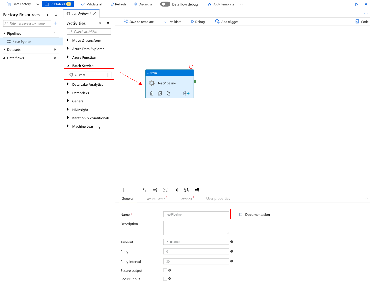 Screenshot of the General tab for creating a pipeline task.