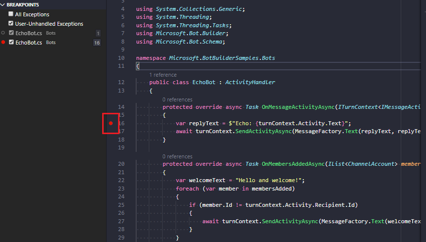 Visual Studio Code 中设置的 C# 断点的屏幕截图。