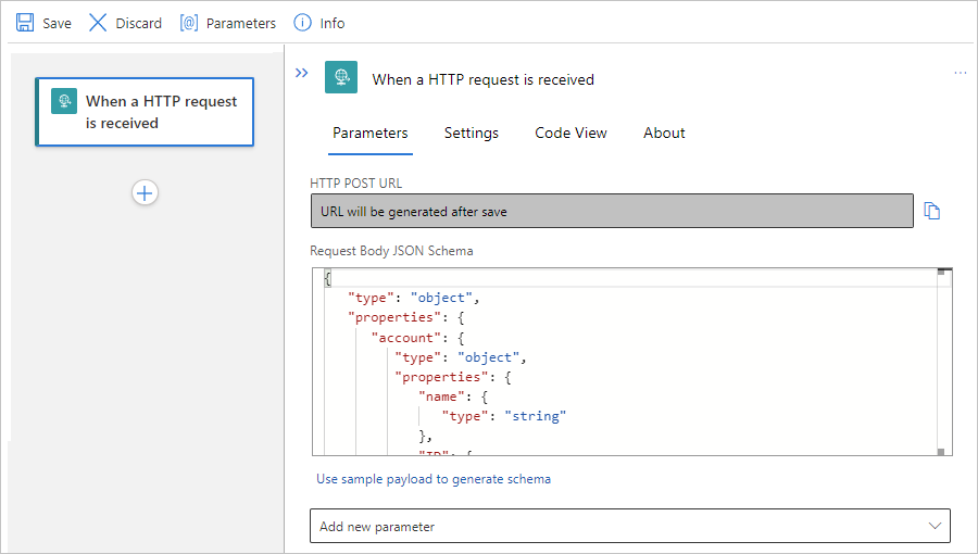 显示包含示例 JSON 架构的“标准”工作流和“请求”触发器的屏幕截图。