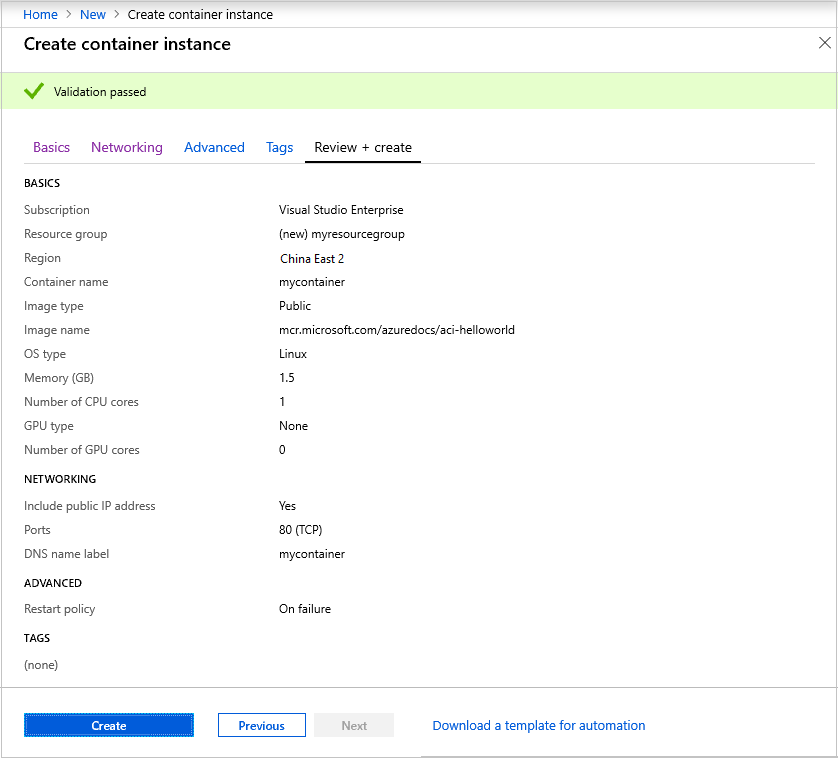 Azure 门户中新的容器实例的设置摘要