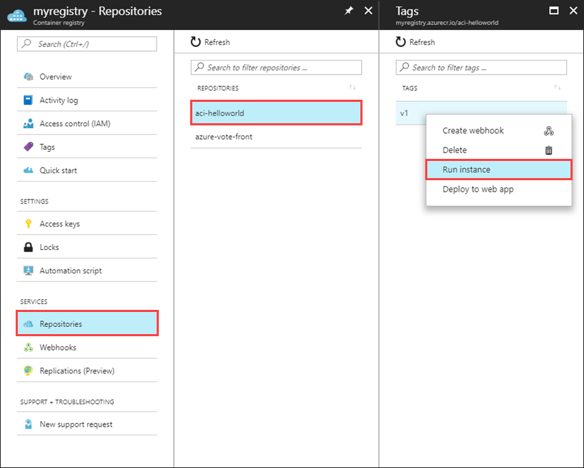 Azure 门户中 Azure 容器注册表中的“运行实例”