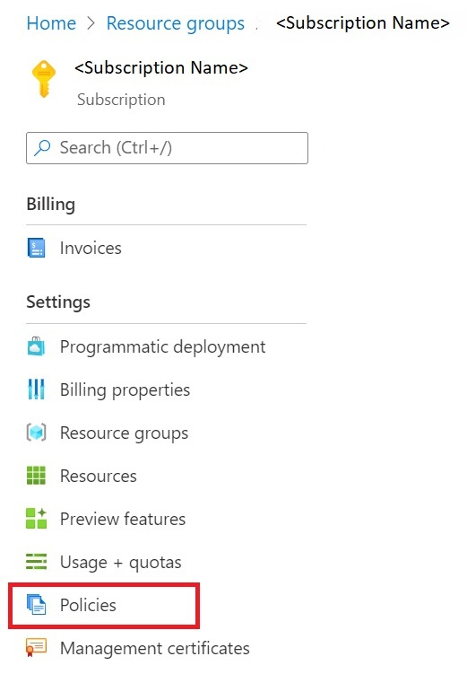 Screenshot showing how to navigate Azure policies.