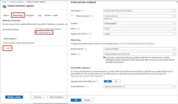 Create registry with private endpoint