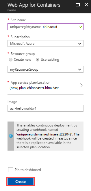 Screenshot shows the Web App for Containers Create window with the Create button highlighted.