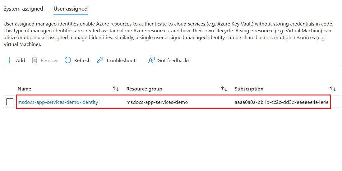 与当前 Web 应用关联的用户分配托管标识列表的屏幕截图。