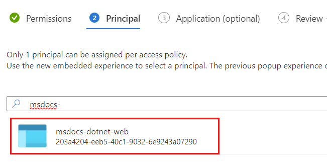 分配到权限的 Web 应用托管标识的屏幕截图。