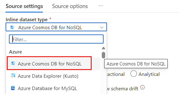 选择 Azure Cosmos DB for NoSQL 作为数据集类型的屏幕截图。