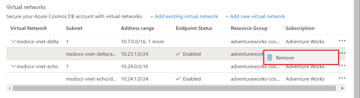 屏幕截图显示了用于删除关联的 Azure 虚拟网络的菜单选项。